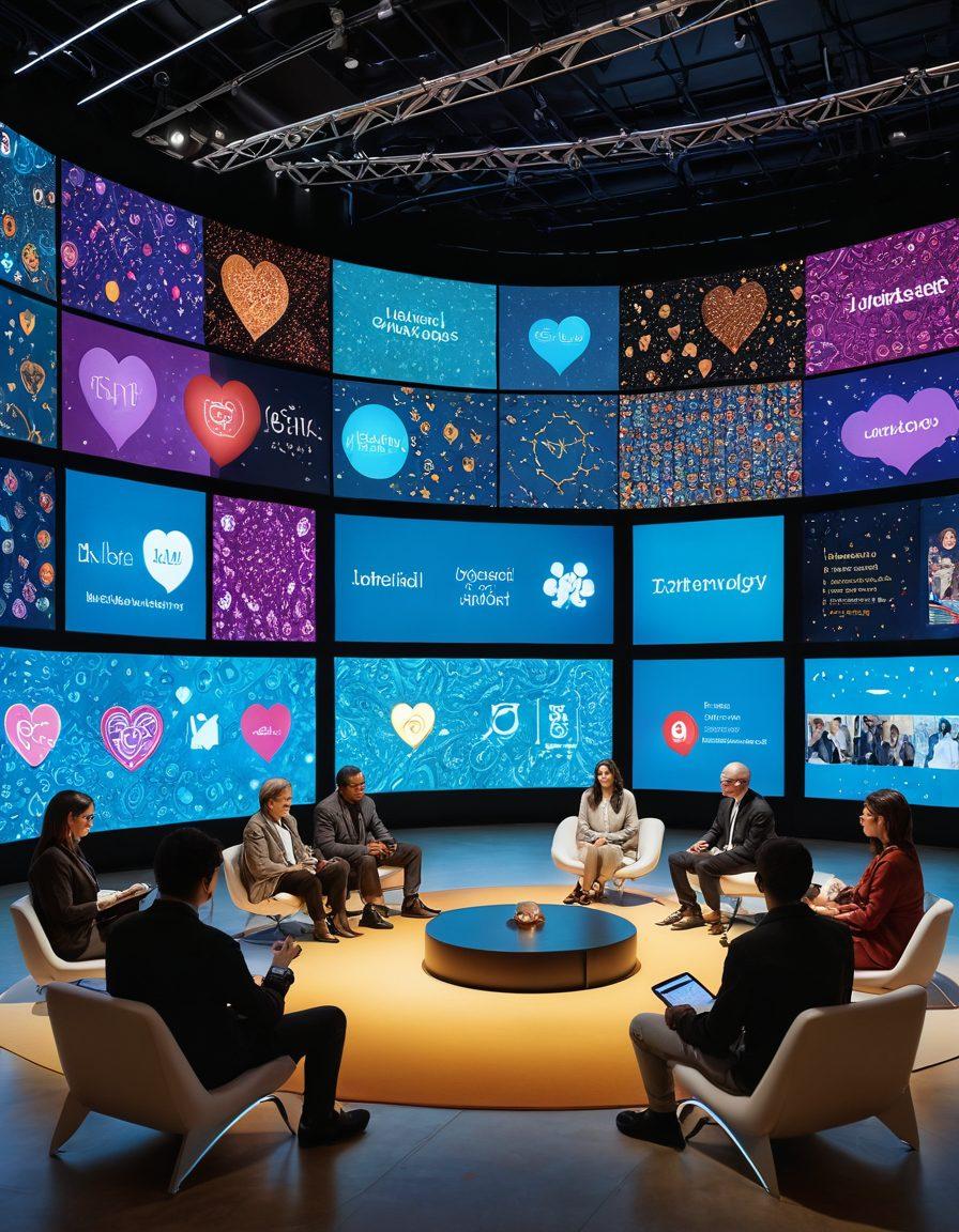 A diverse group of people from around the world engaging in a virtual discussion, sitting in a futuristic digital space, surrounded by floating screens displaying various languages and ideas. Emphasize connection and collaboration through visible links or threads connecting their thoughts. The environment is vibrant and welcoming, infused with symbols of community like hearts or speech bubbles. super-realistic. vibrant colors. 3D.