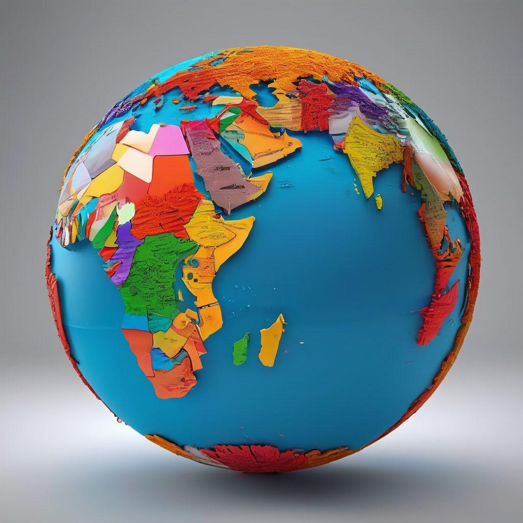 An intricate globe highlighting various countries, with digital connections and arrows symbolizing global communication and insights. Diverse people from different cultures engaged in discussion around the globe, showcasing unity and collaboration. A vibrant color palette emphasizing diversity and harmony in the blogosphere. super-realistic. bright colors. 3D.