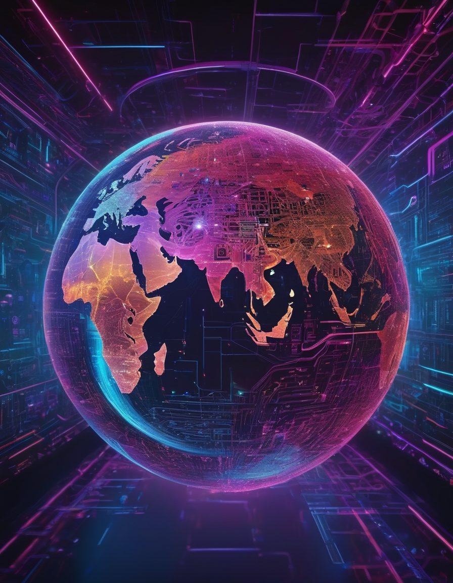 A vibrant globe made of interconnected speech bubbles, each representing diverse local voices from different cultures. The background features symbols of technology and connectivity, like circuit patterns and digital networks, illustrating the transformation of communication. The scene is lively with bright colors and a sense of movement, symbolizing the evolution of the blogosphere from local to global spaces. vibrant colors. 3D. cyberpunk.